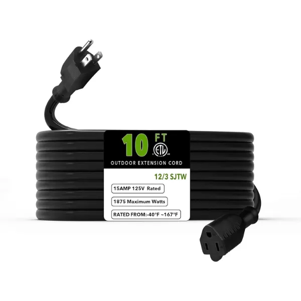 10ft Waterproof Outdoor Extension Cord 12/3 SJTW Heavy Duty Power Black Cord Bn-link