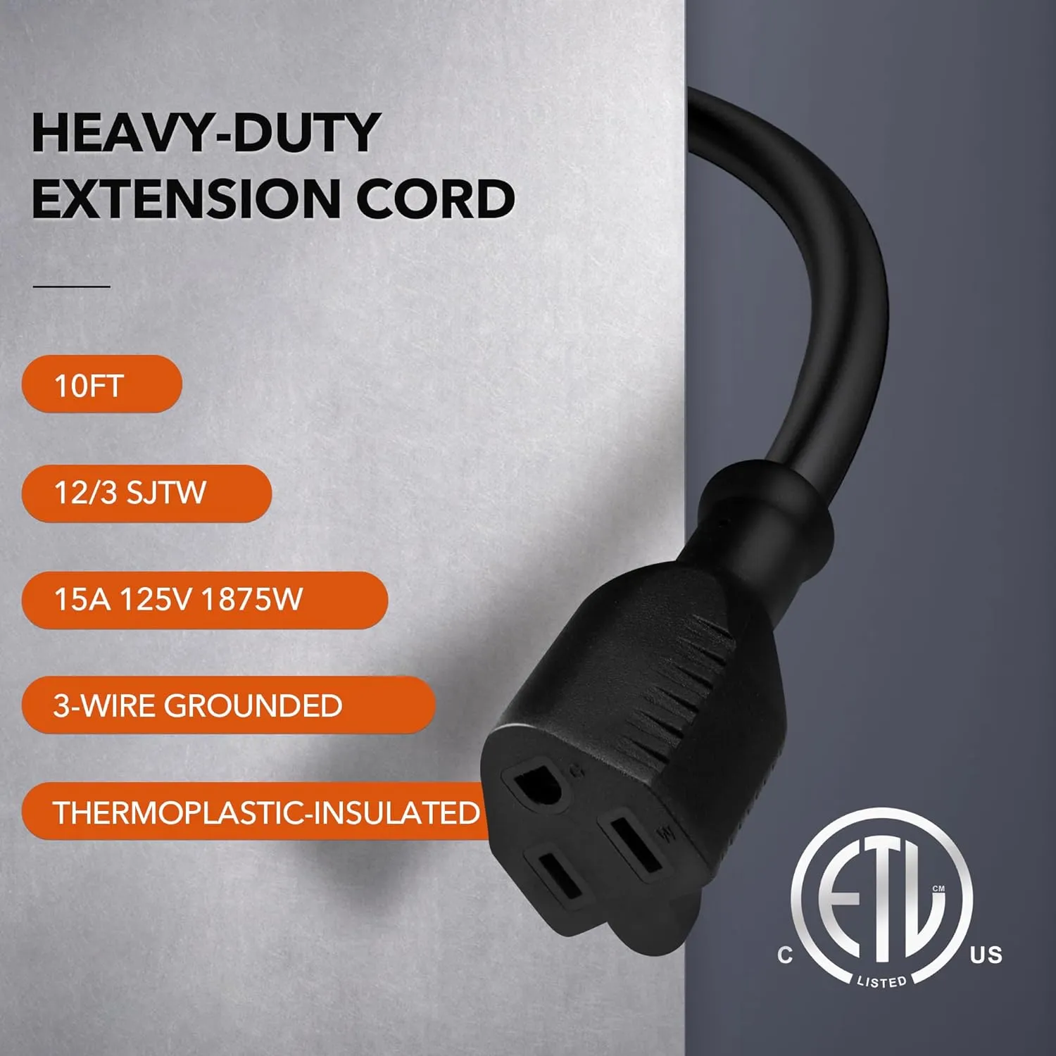 10ft Waterproof Outdoor Extension Cord 12/3 SJTW Heavy Duty Power Black Cord Bn-link