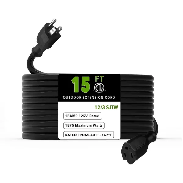 15ft Waterproof Outdoor Extension Cord 12/3 SJTW Heavy Duty Power Black Cord Bn-link