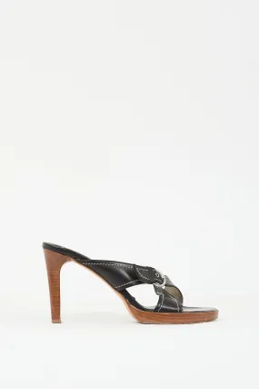 Black Leather Buckled Heeled Mule