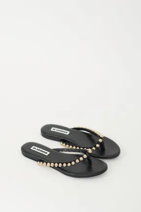 Black Leather Embellished T-Strap Sandal