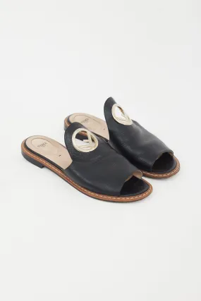 Black Leather Gold Circle Logo Sandal