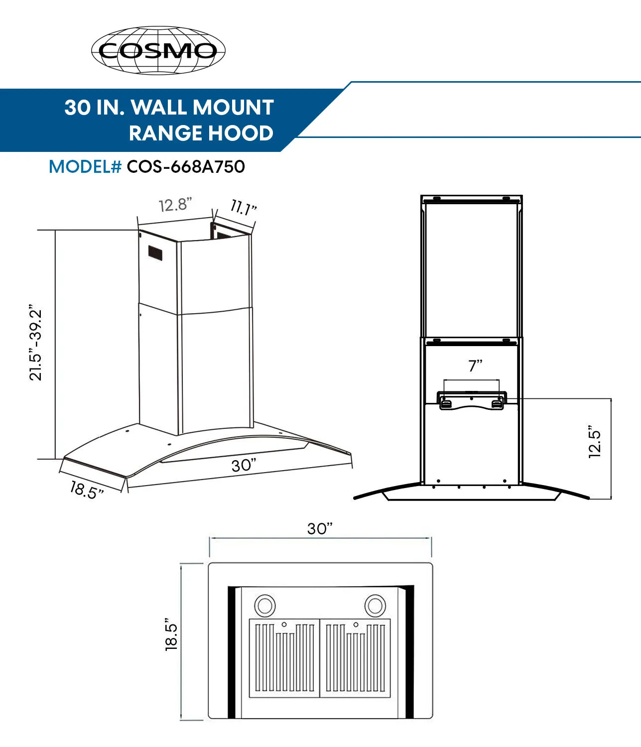 Cosmo 30-Inch 380 CFM Ducted Wall Mount Range Hood in Stainless Steel with Tempered Glass (COS-668A750)