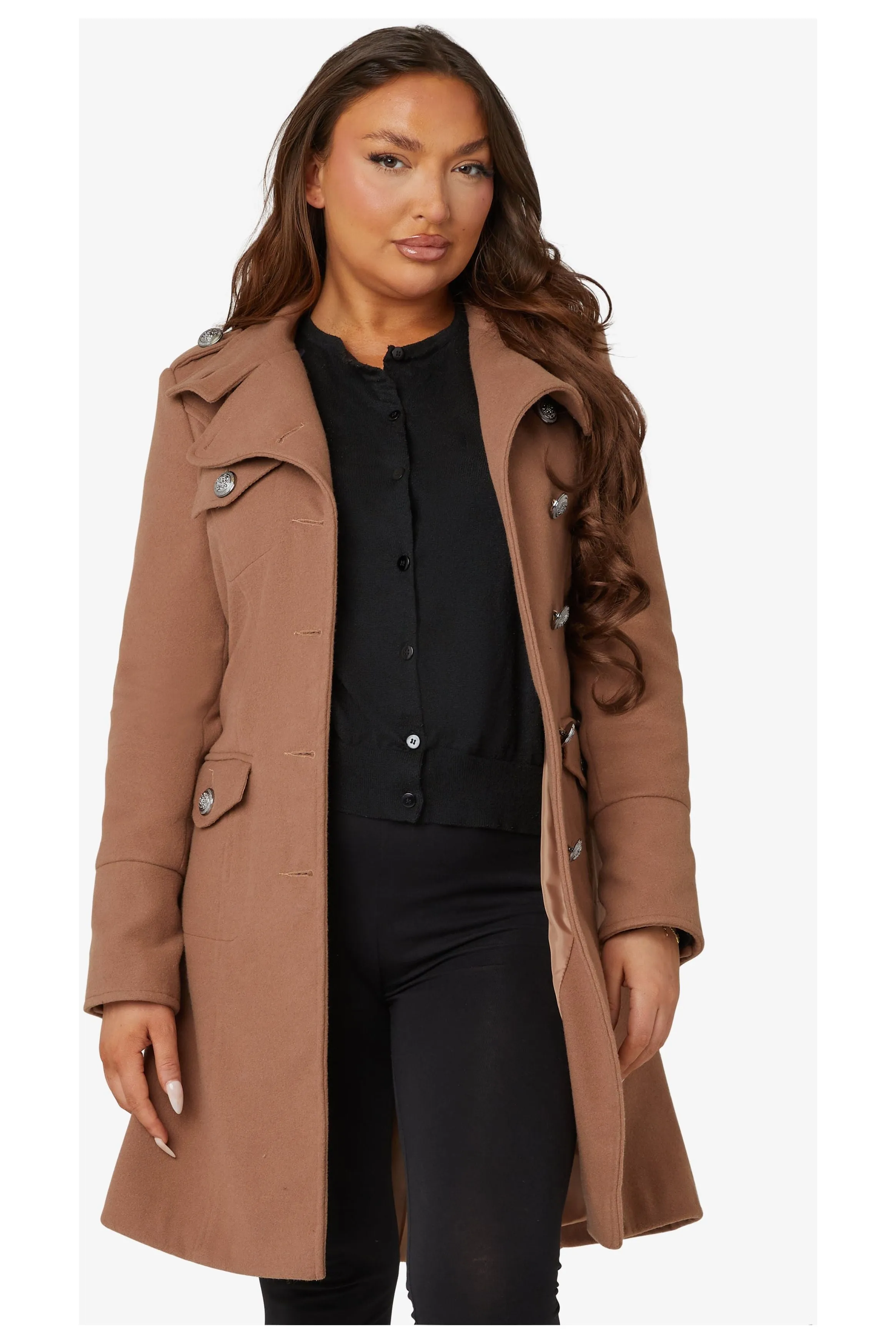 De La Creme Fashions Naomi High Neck Military Belted Coat