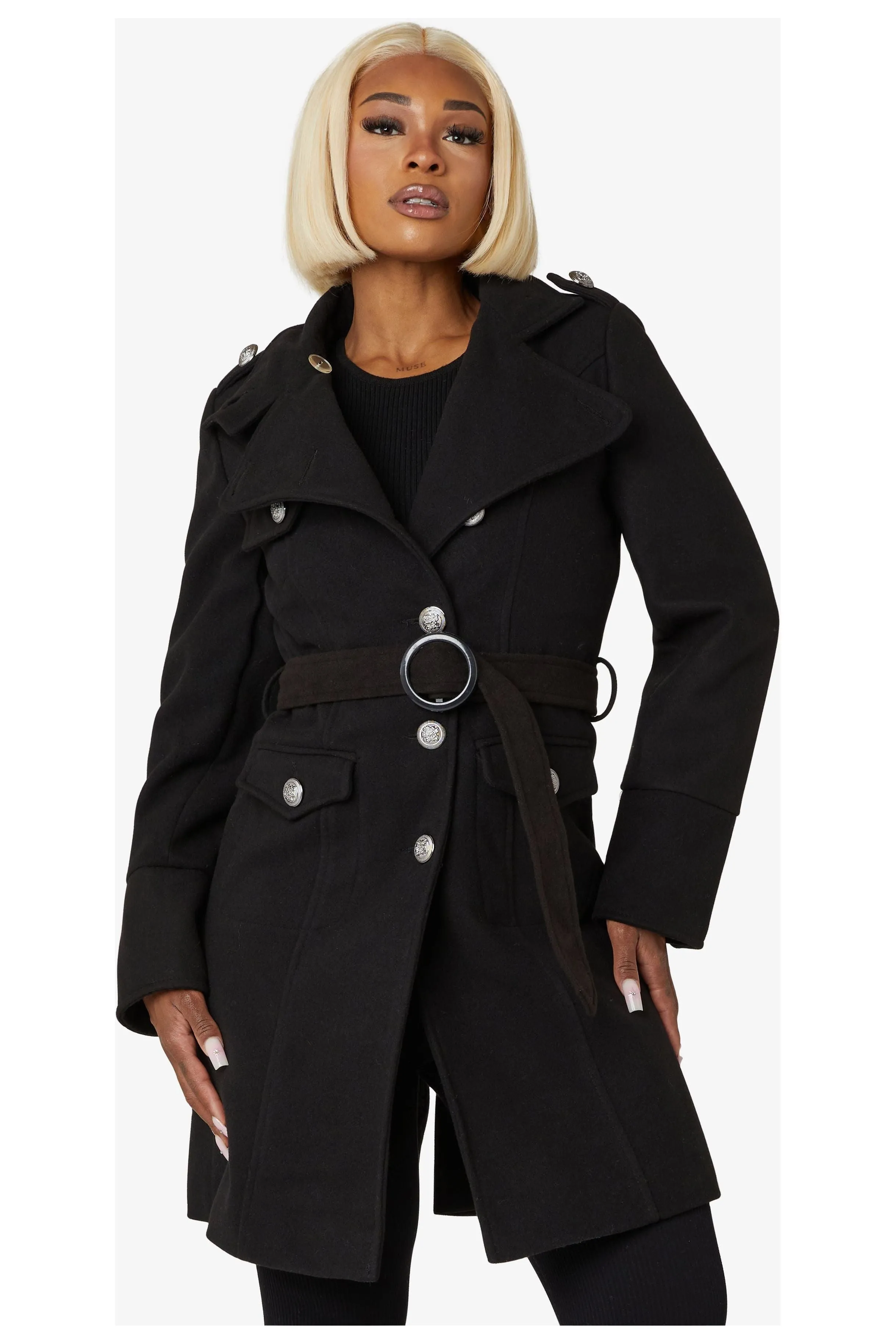 De La Creme Fashions Naomi High Neck Military Belted Coat