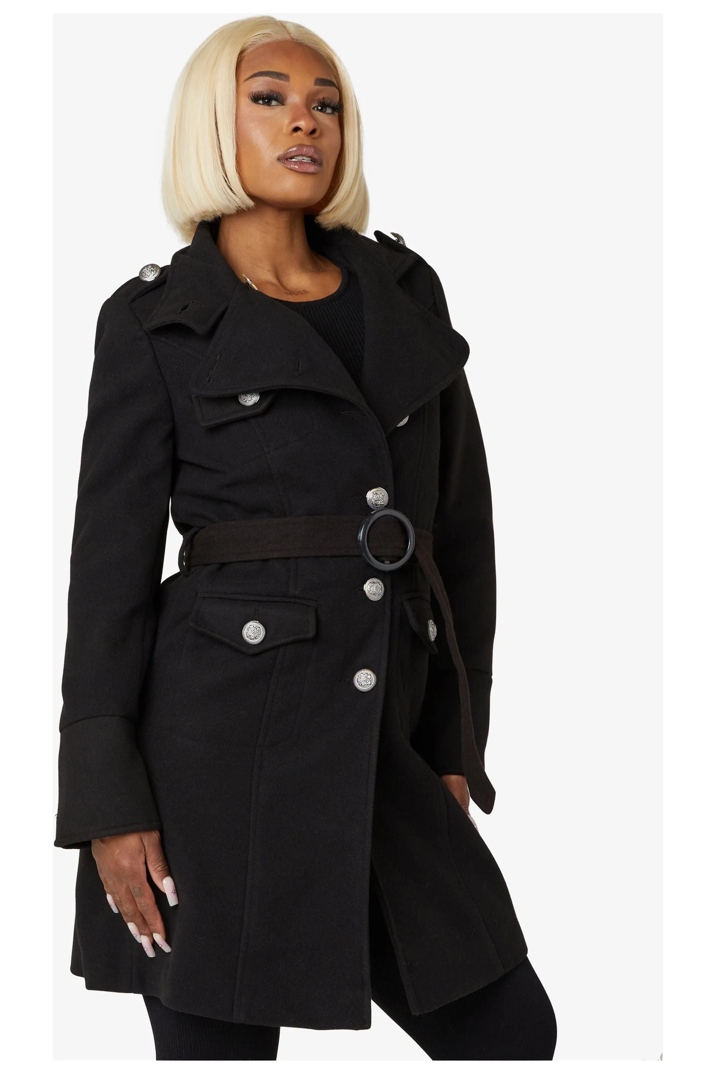 De La Creme Fashions Naomi High Neck Military Belted Coat