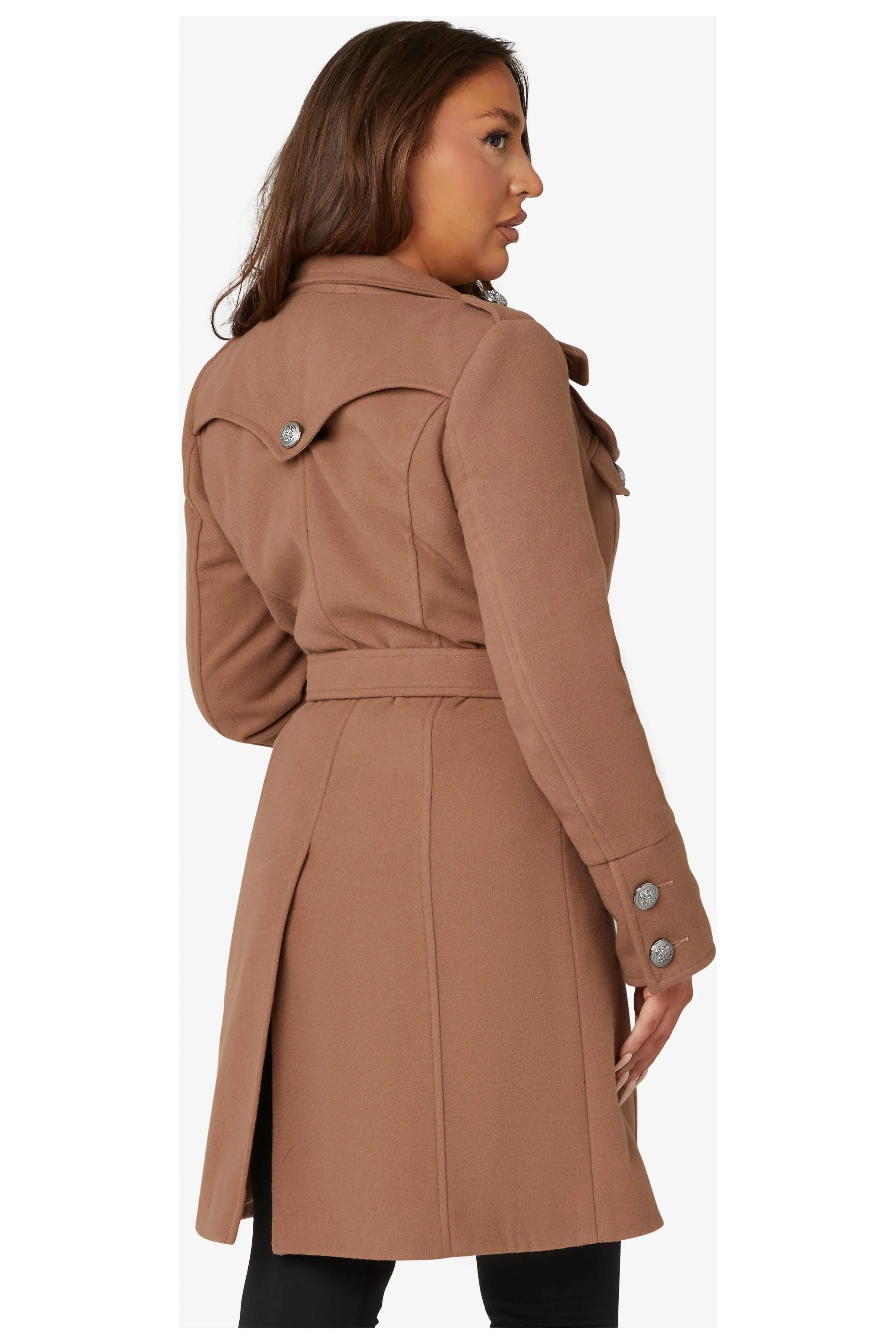 De La Creme Fashions Naomi High Neck Military Belted Coat