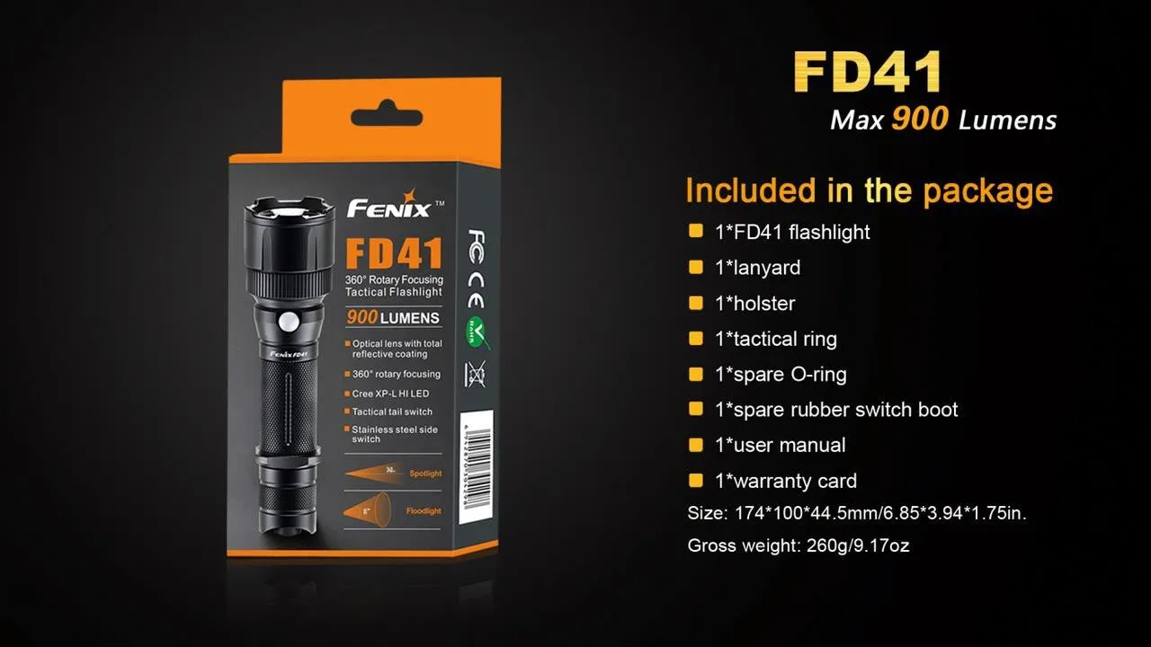 Fenix FD41 CREE LED 1000 lumen variable focus flashlight zoomable military light