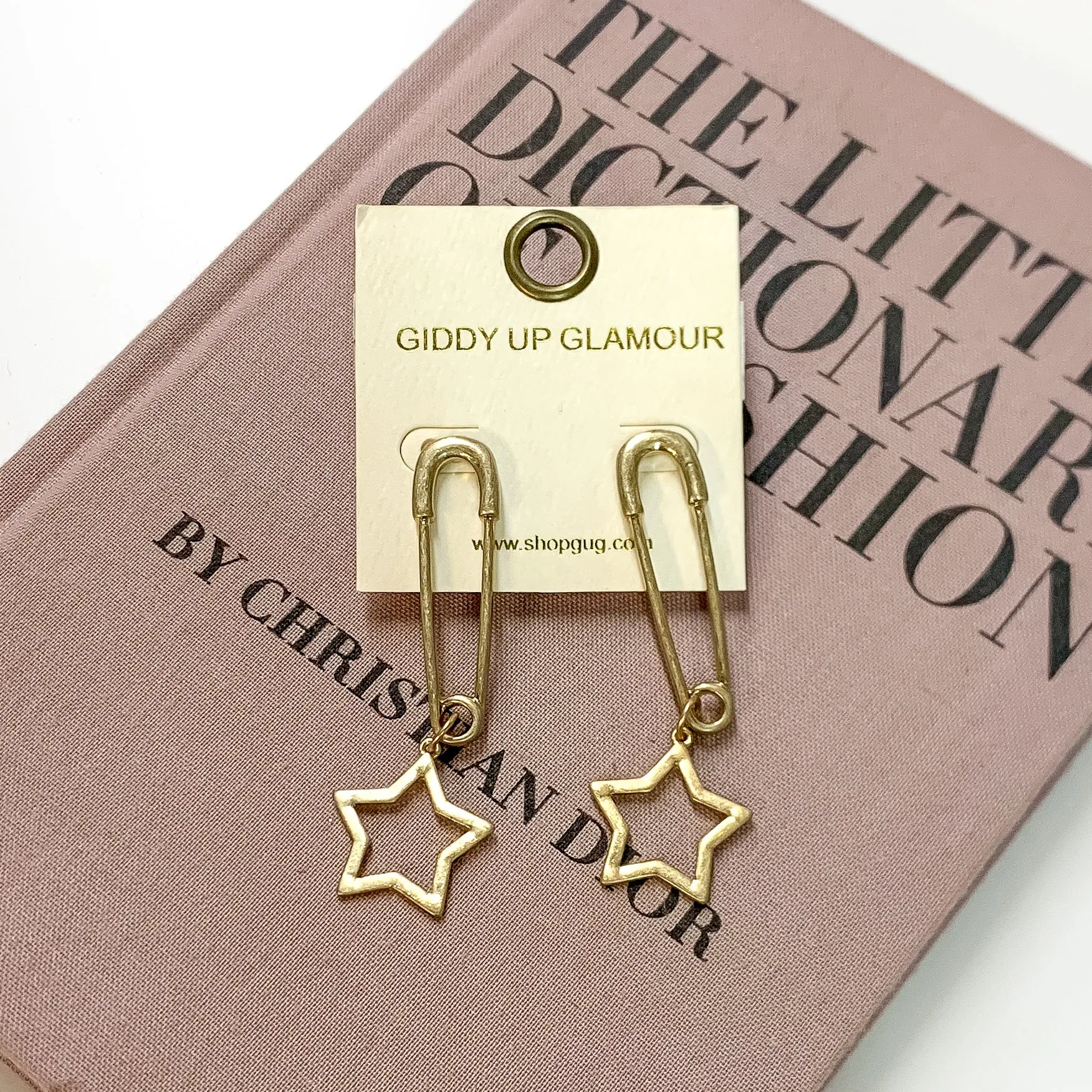 Gold Tone Safety Pin Earrings with Star Charms