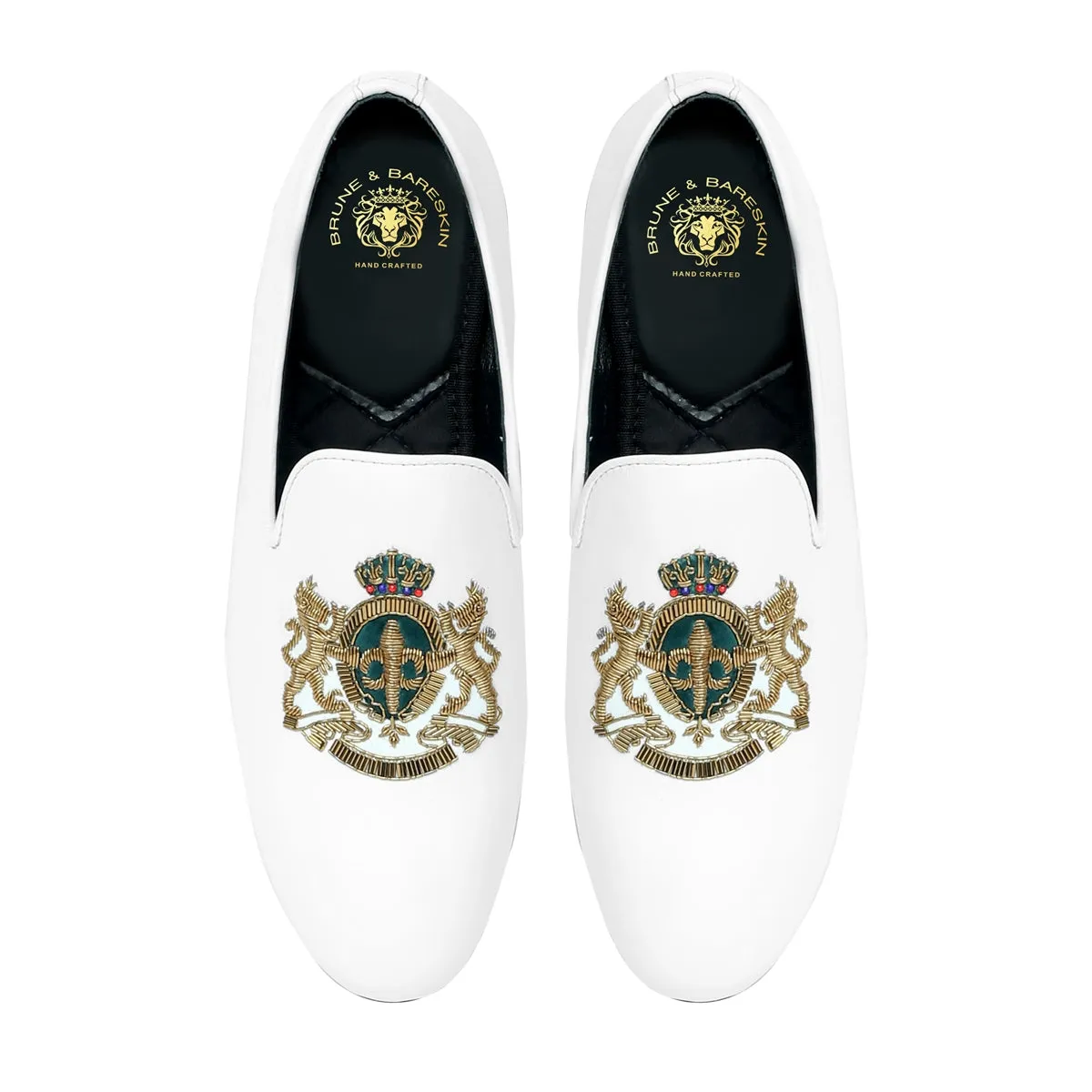 Green Accent Golden Zardosi Slip-On Shoe in Royal Crown Lion Crest White Leather