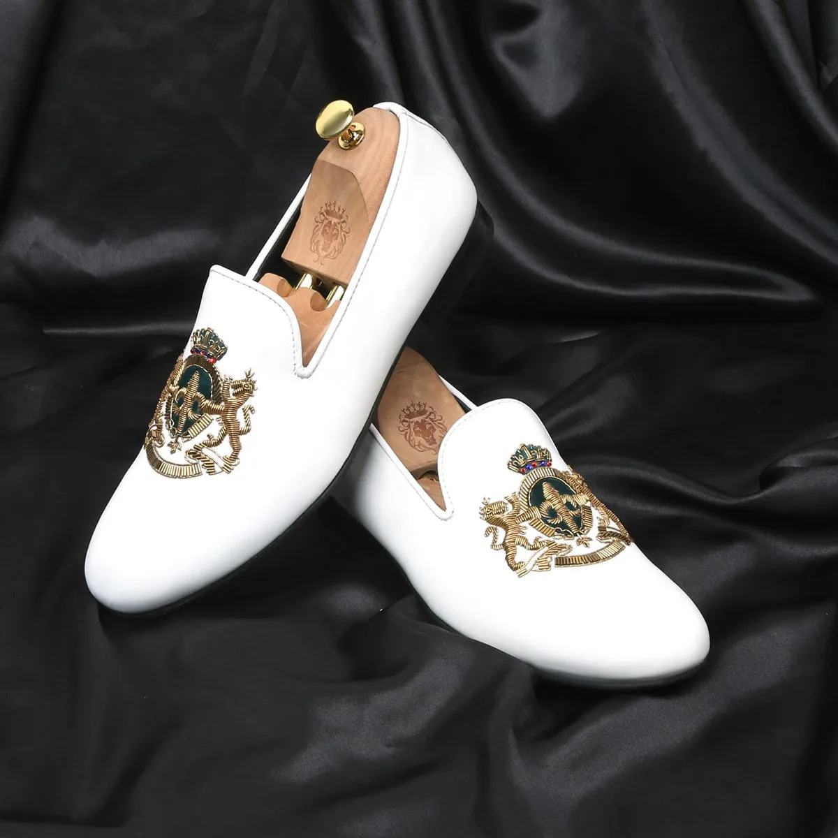 Green Accent Golden Zardosi Slip-On Shoe in Royal Crown Lion Crest White Leather