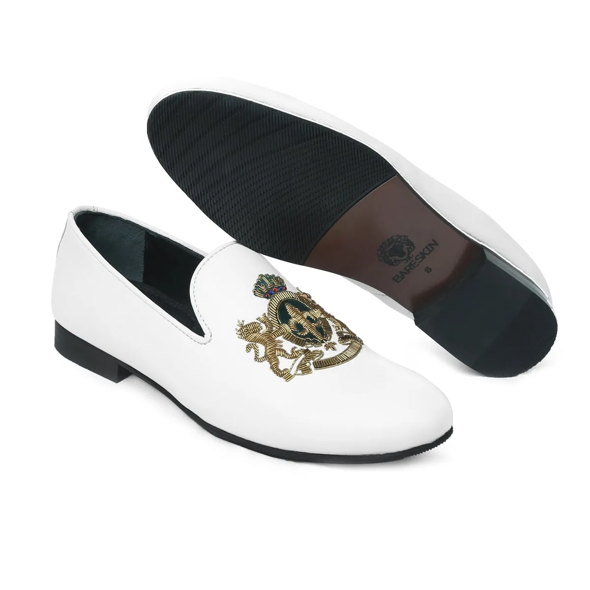 Green Accent Golden Zardosi Slip-On Shoe in Royal Crown Lion Crest White Leather