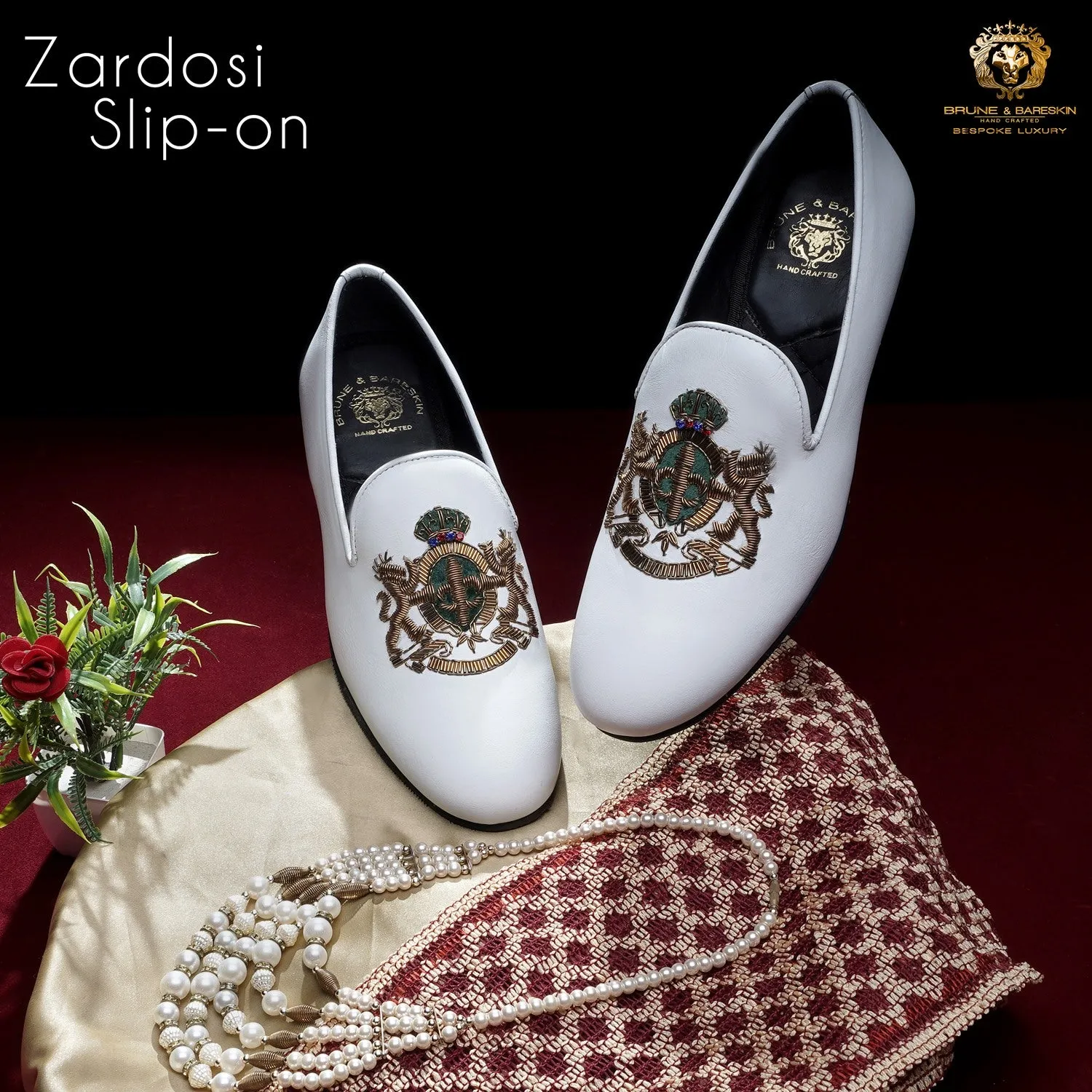 Green Accent Golden Zardosi Slip-On Shoe in Royal Crown Lion Crest White Leather