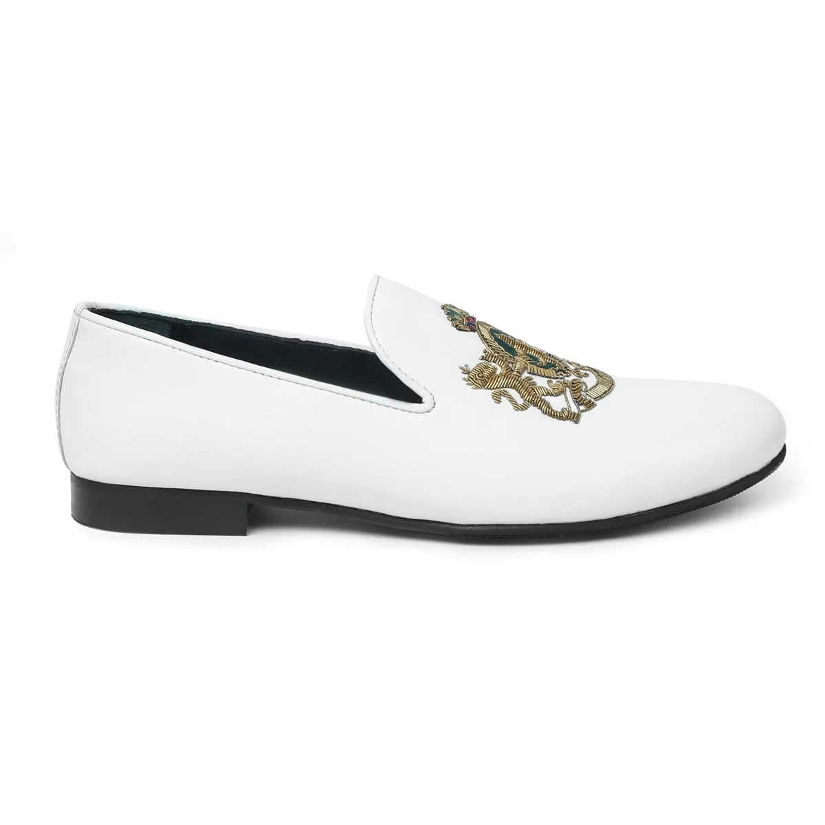 Green Accent Golden Zardosi Slip-On Shoe in Royal Crown Lion Crest White Leather