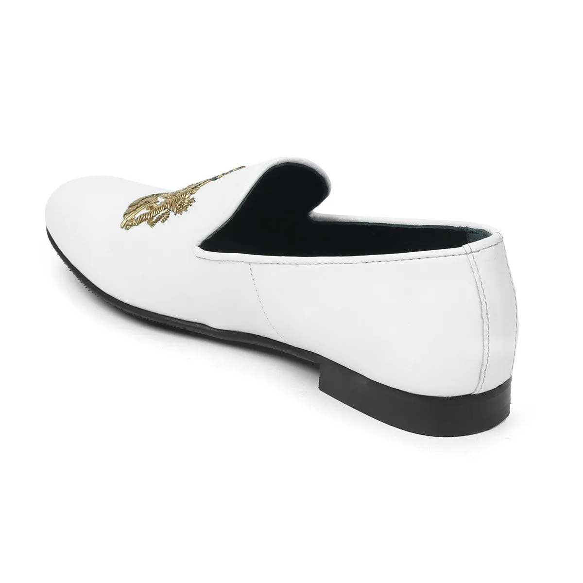 Green Accent Golden Zardosi Slip-On Shoe in Royal Crown Lion Crest White Leather