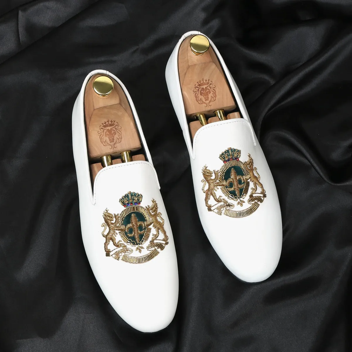 Green Accent Golden Zardosi Slip-On Shoe in Royal Crown Lion Crest White Leather