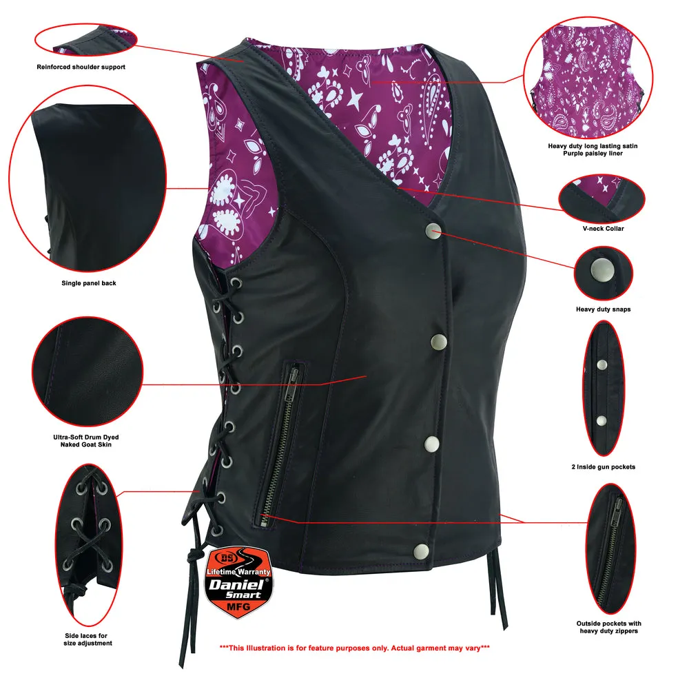 Leather Miss Miles - Side Lace Vest with Purple Paisley Lining