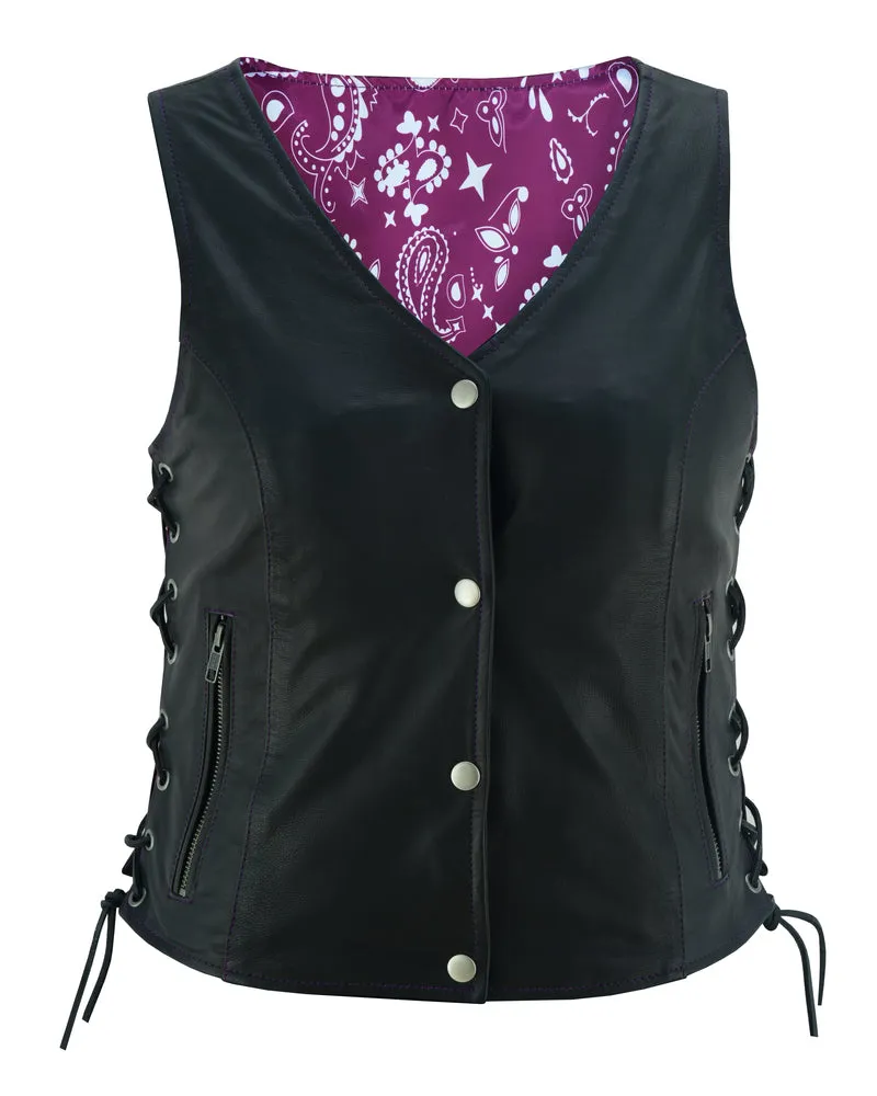 Leather Miss Miles - Side Lace Vest with Purple Paisley Lining