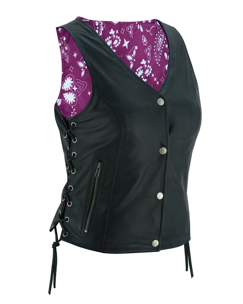 Leather Miss Miles - Side Lace Vest with Purple Paisley Lining