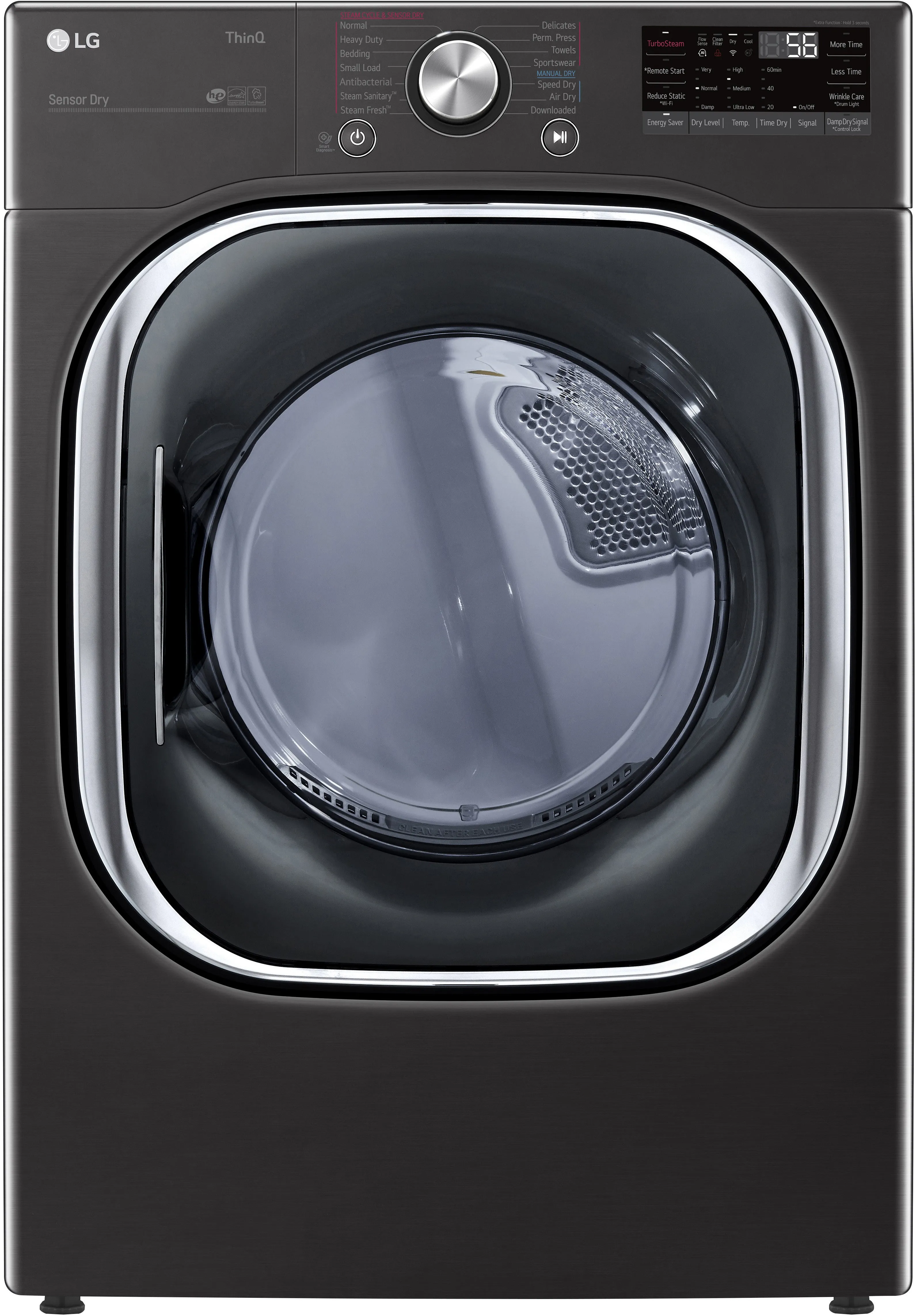 LG DLEX4500B 27 Inch Electric Smart Dryer with 7.4 cu. ft. Capacity, Dial-A-Cycle™, LoDecibel™ Operation, FlowSense™ Indicator, Smart Diagnosis™, 14 Dryer Programs, Sensor Dry, TurboSteam™, SteamSanitary™, and ENERGY STAR®: Black Steel