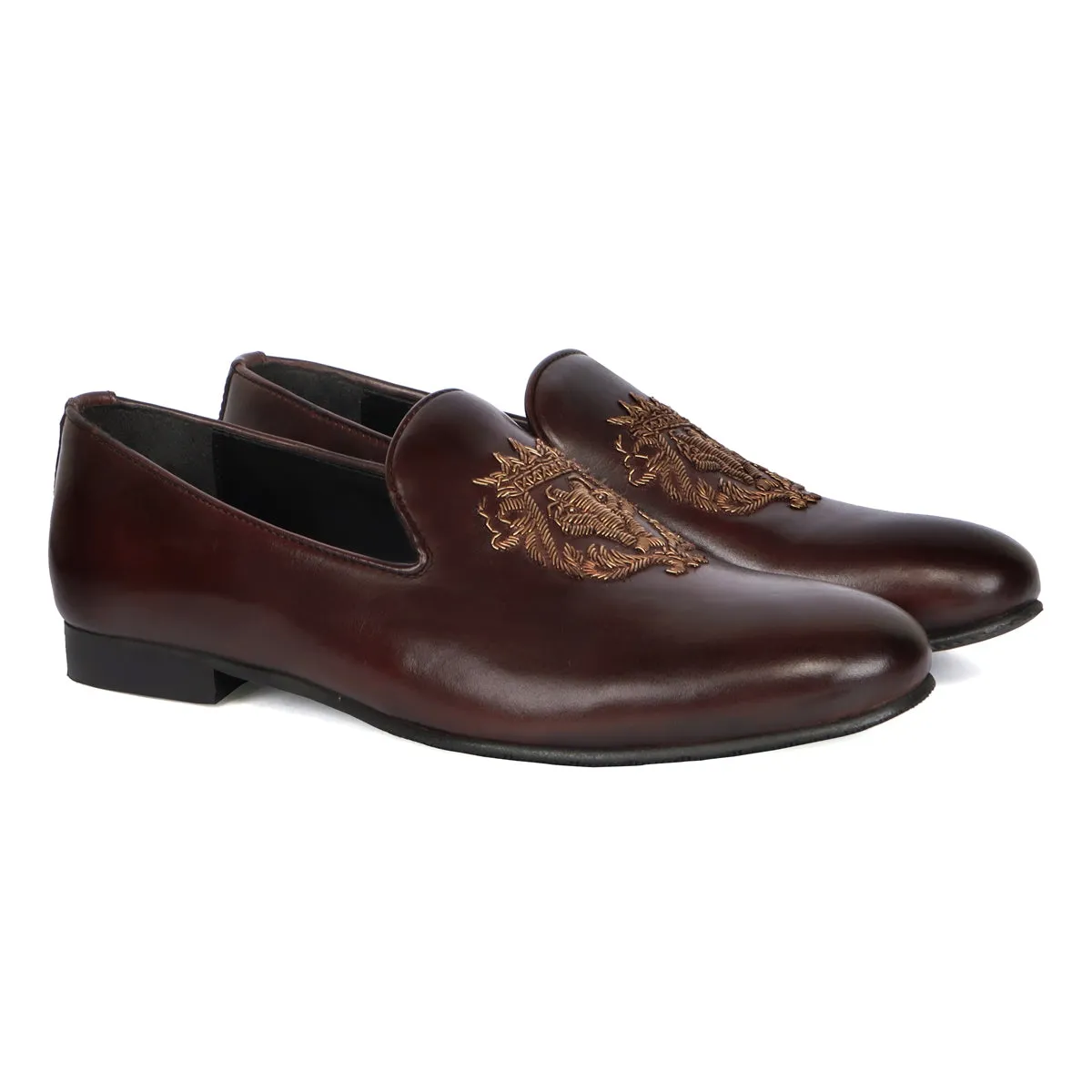 Lion Zardosi Slip-On Shoes in Dark Brown Leather By Brune & Bareskin