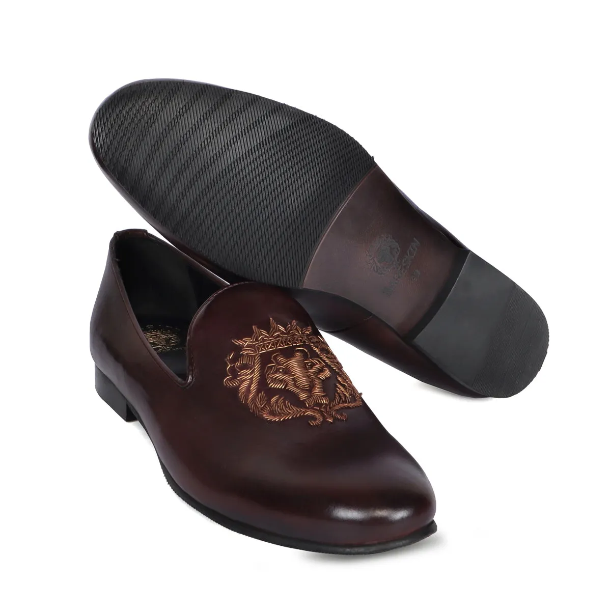 Lion Zardosi Slip-On Shoes in Dark Brown Leather By Brune & Bareskin