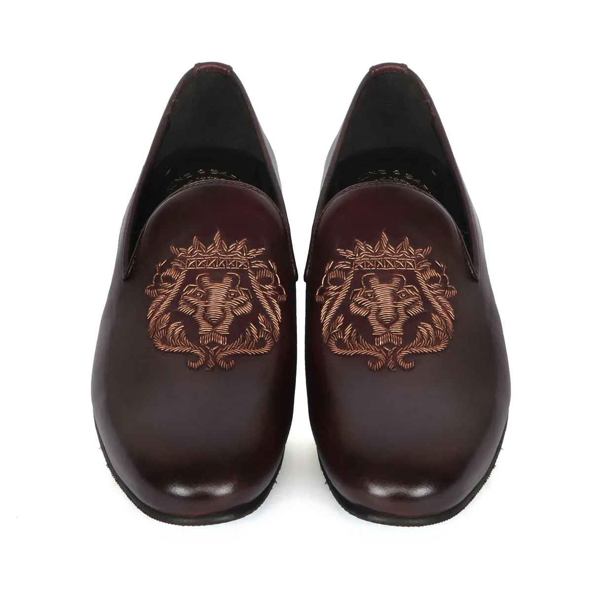 Lion Zardosi Slip-On Shoes in Dark Brown Leather By Brune & Bareskin