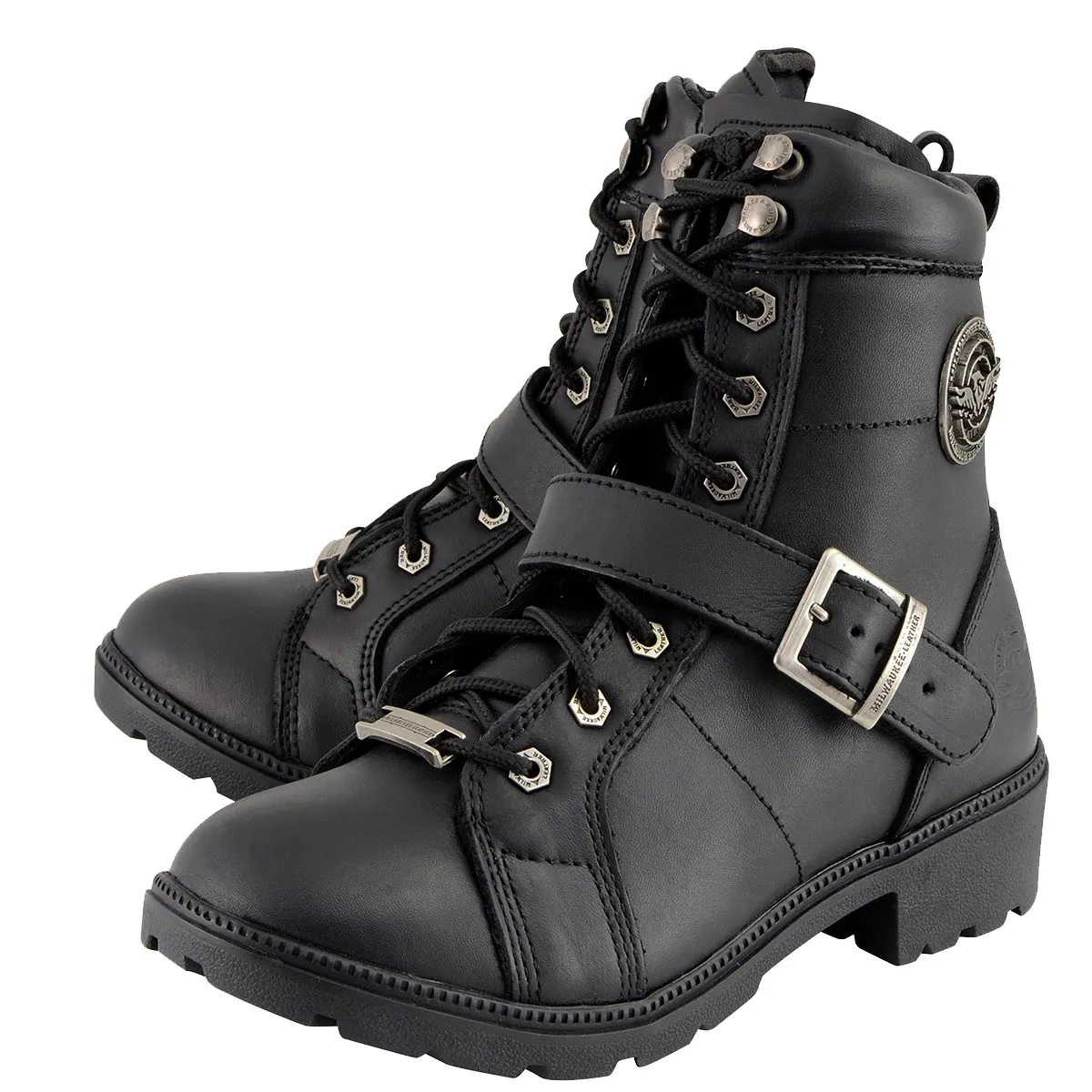 Milwaukee Leather MBL9325W Women's Premium Black Leather Lace-Up Motorcycle Biker Rider Boots in Wide Width Size