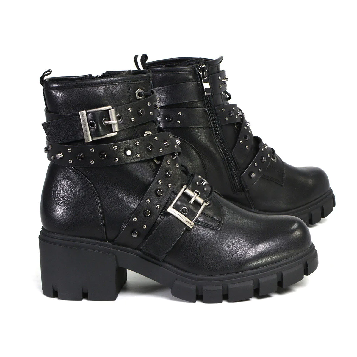 Milwaukee Leather MBL9444 Women's ‘Bruiser’ Premium Black Leather Lace-Up Fashion Boots with Studded Straps