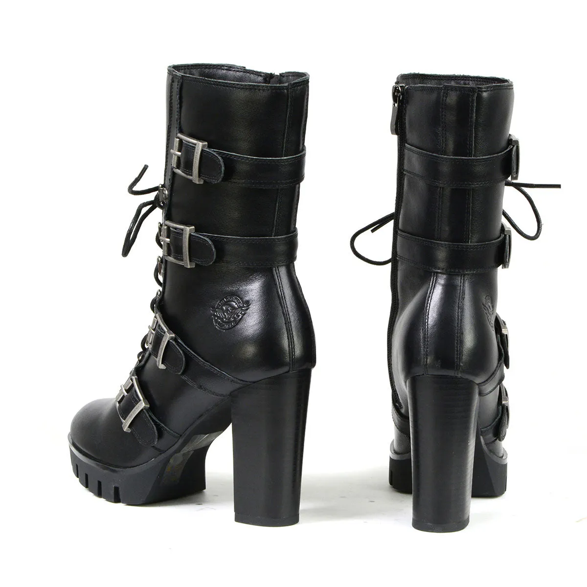 Milwaukee Leather MBL9459 Women's Black Leather Buckles Platform Boots with Lace-Up Closure