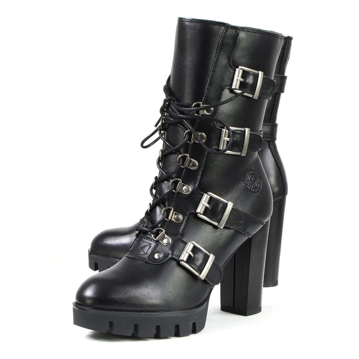 Milwaukee Leather MBL9459 Women's Black Leather Buckles Platform Boots with Lace-Up Closure