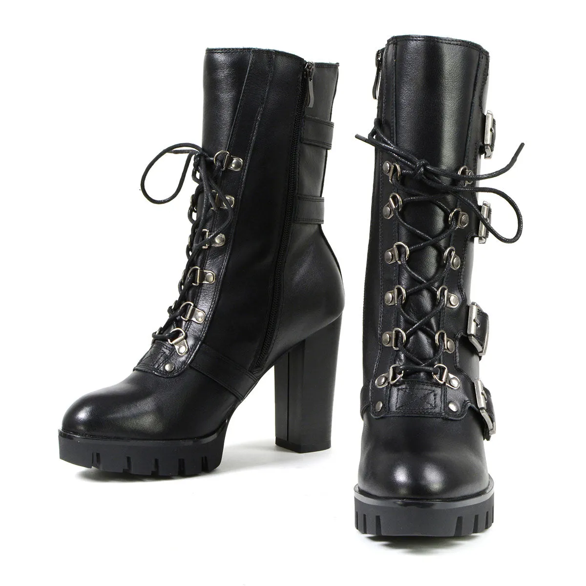 Milwaukee Leather MBL9459 Women's Black Leather Buckles Platform Boots with Lace-Up Closure