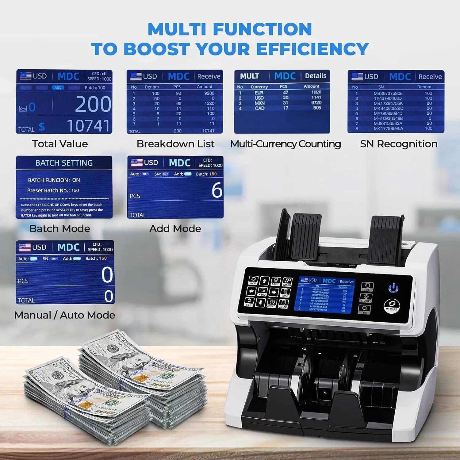 MUNBYN IMC01HP Bank Grade Money Counter Machine with Receip Printer