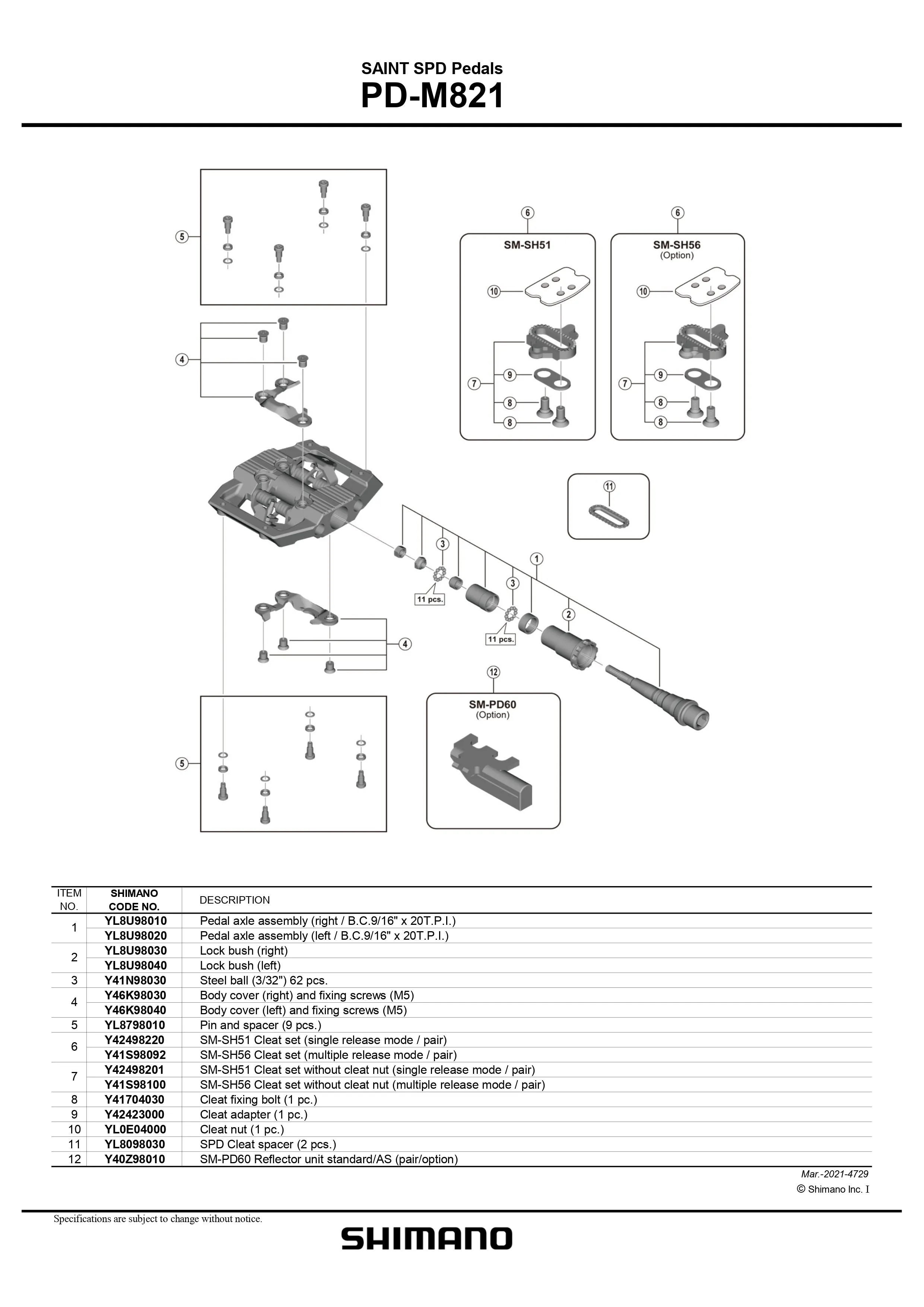 SHIMANO Saint PD-M821 SPD Clipless DH Pedals with Cleats