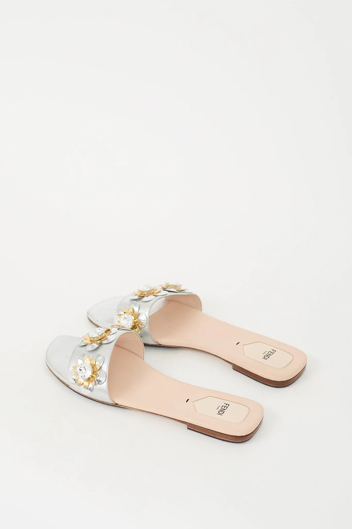 Silver Metallic Leather Crystal Flowerland Slide