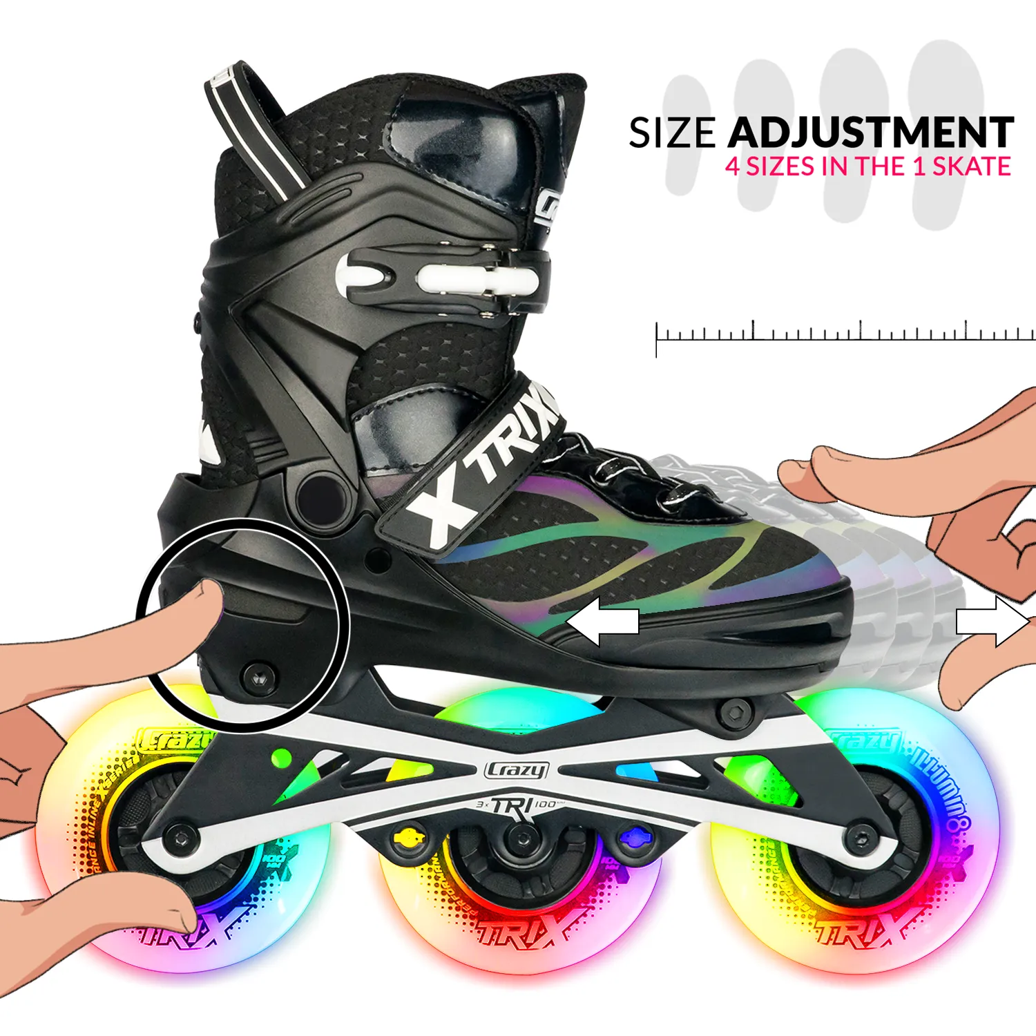 TRIX Black 3 Wheel LED - Size Adjustable Inline Skates