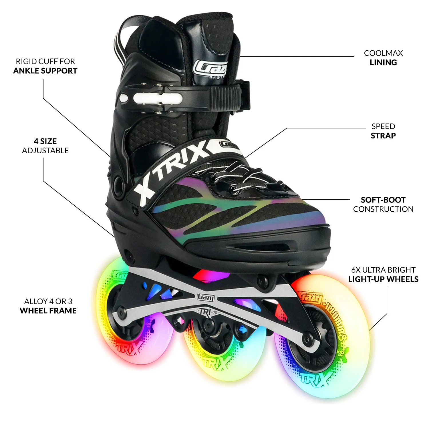 TRIX Black 3 Wheel LED - Size Adjustable Inline Skates