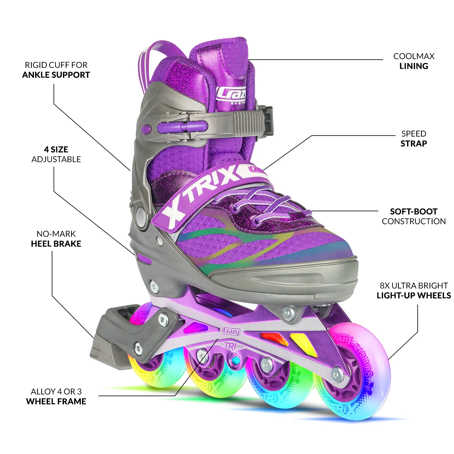 TRIX Purple 4 Wheel LED - Size Adjustable Inline Skates