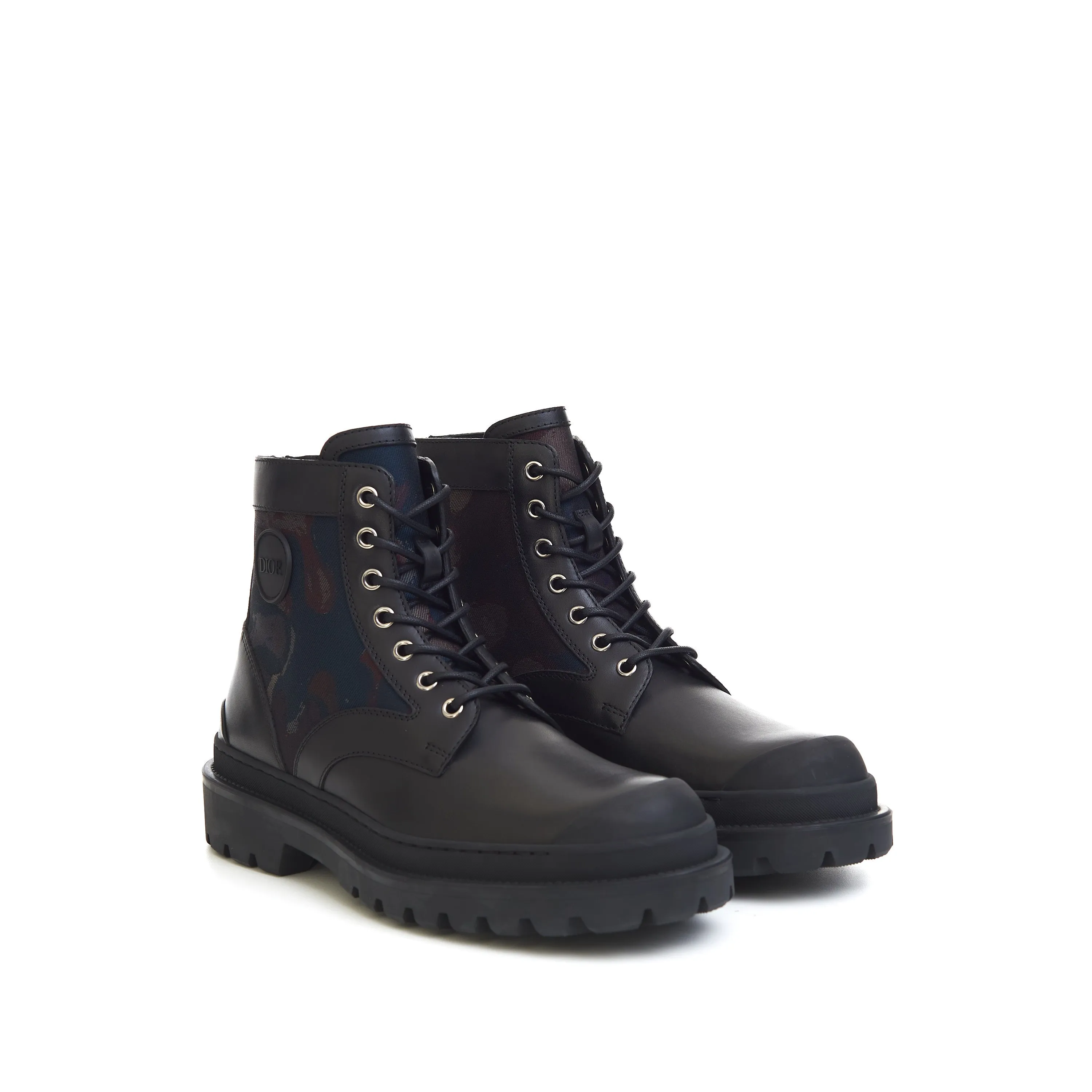 x Peter Doig Explorer Ankle Boots In Black Smooth Calfskin & Camouflage Jacquard