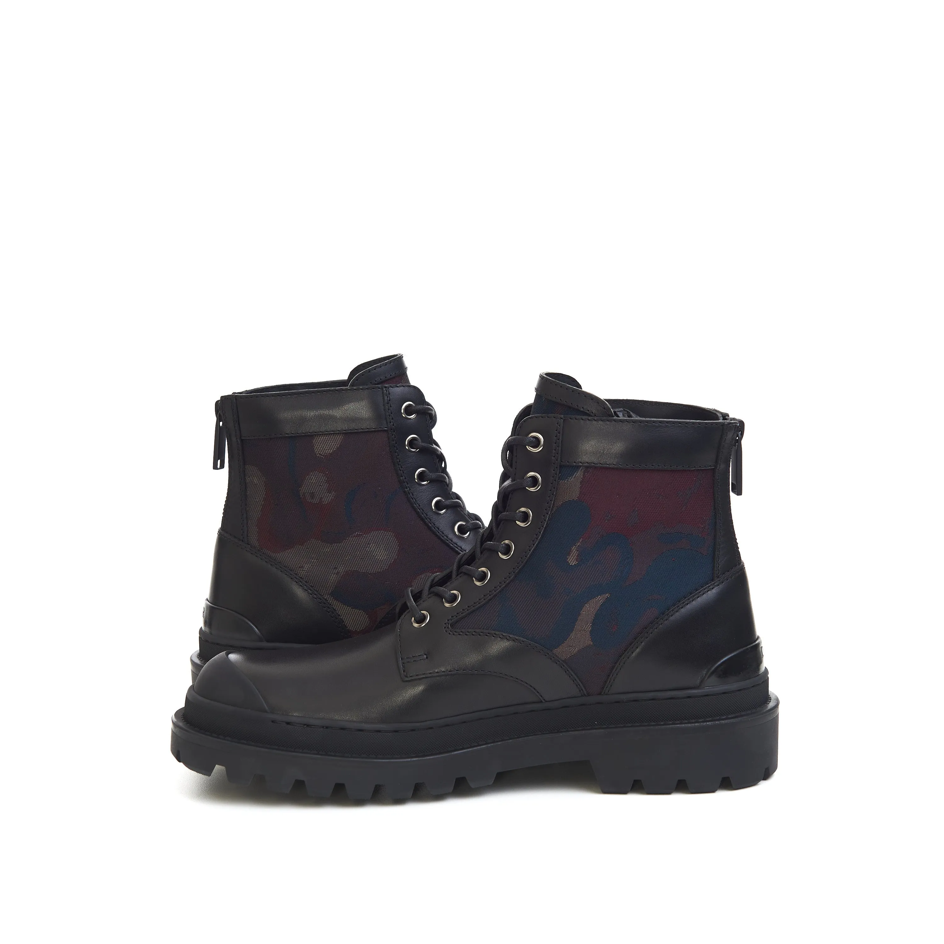 x Peter Doig Explorer Ankle Boots In Black Smooth Calfskin & Camouflage Jacquard