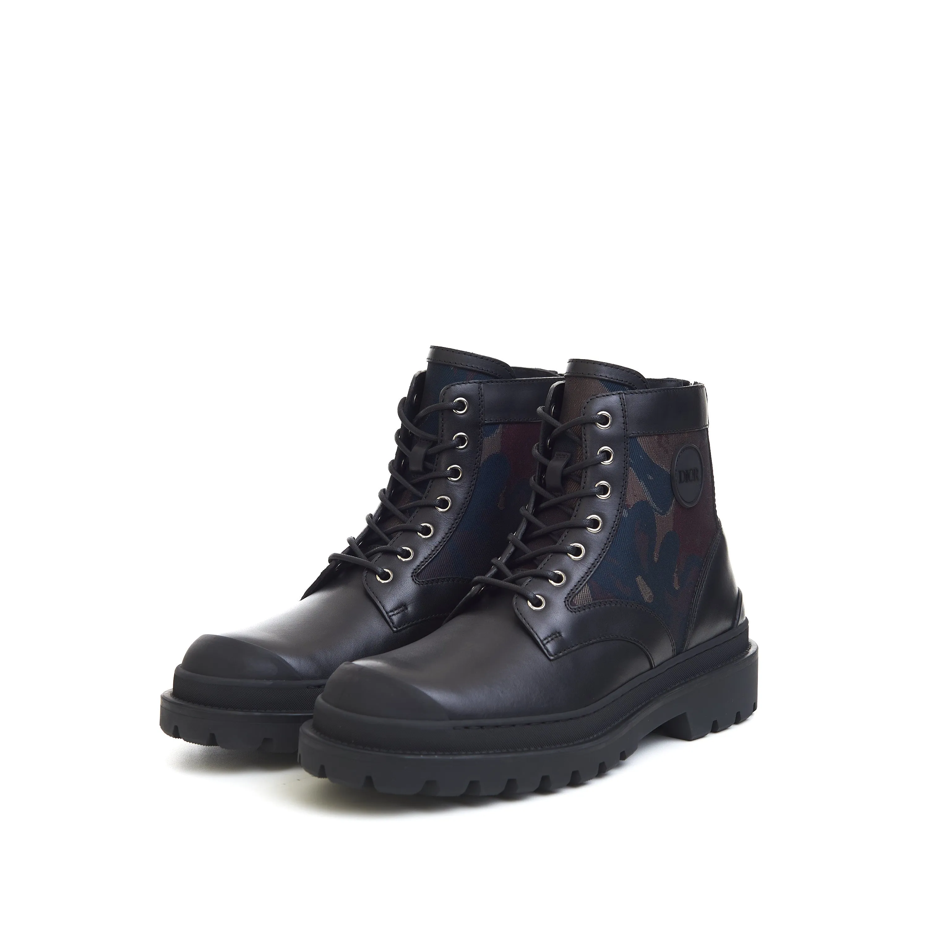 x Peter Doig Explorer Ankle Boots In Black Smooth Calfskin & Camouflage Jacquard